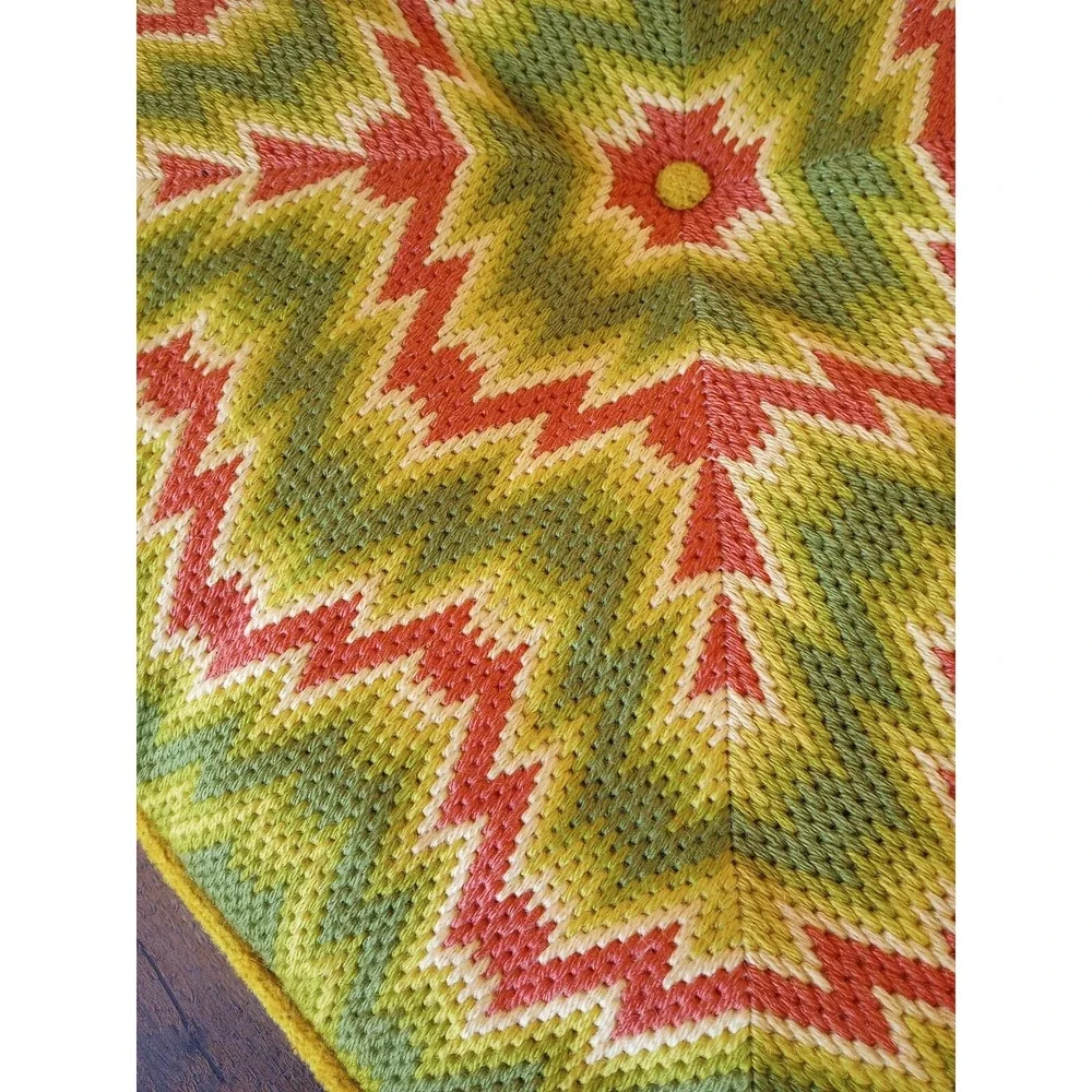 VTG 70s Boho Design Octagonal Yarn Knit Pillow Cushion Pink/Green LARGE 21